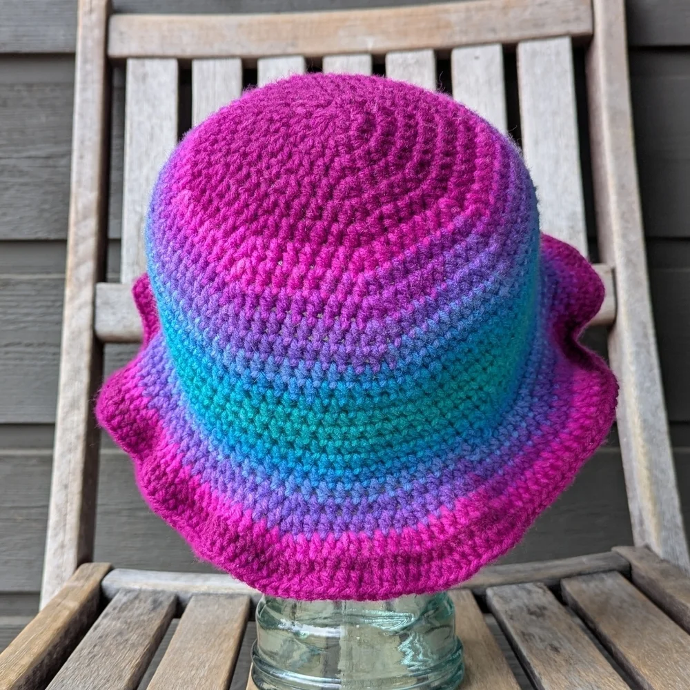 Handmade Gradient Pink Purple Blue Green Crochet Sun Bucket Hat One Size